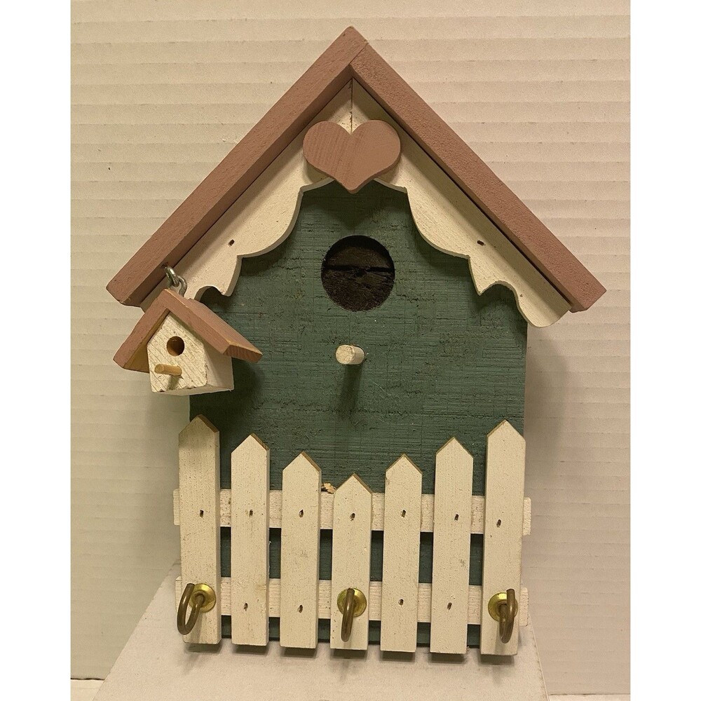 Vtg Wooden Bird House Hanging  Key Holder Hooks W White Picket Fence
